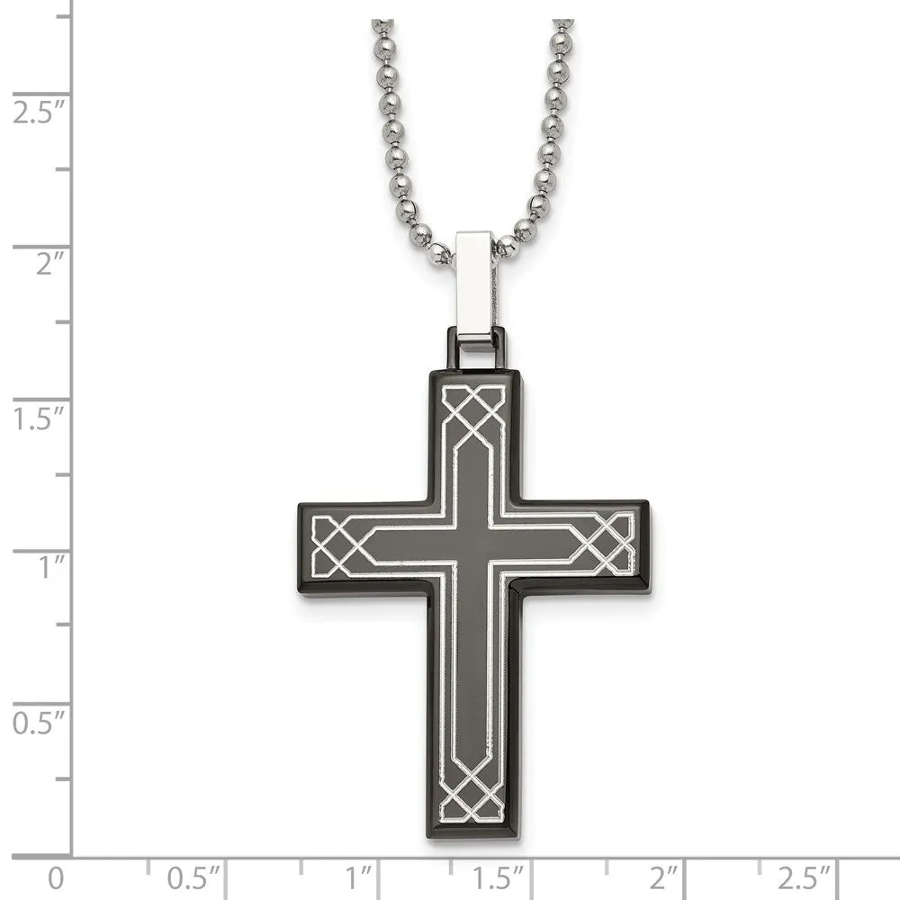 Stainless Steel, Black Plated & Laser Etched Cross Necklace, 24 Inch