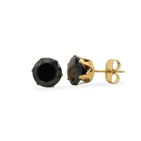 Stainless Steel Ion Plated Gold Stud Earrings Black Cubic Zirconia Size 8