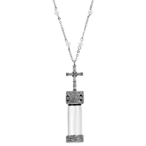 Symbols Of Faith Faux Pearl Pewter Cross Cap Vial Necklace 30