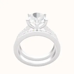 Tapered Channel Set Engagement Ring With Standard Four Prong Head and Matching Band