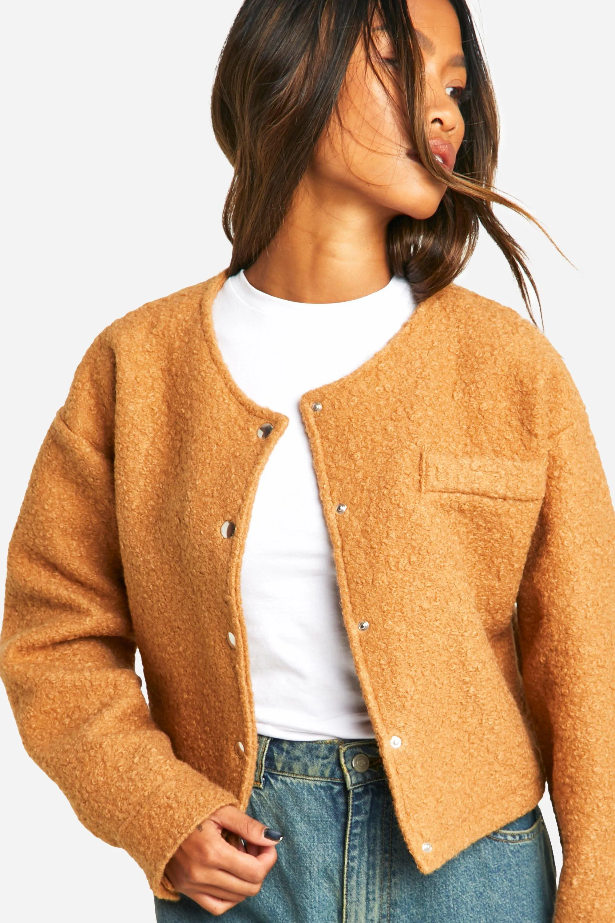 Textured Wool Look Cropped Bomber Jacket