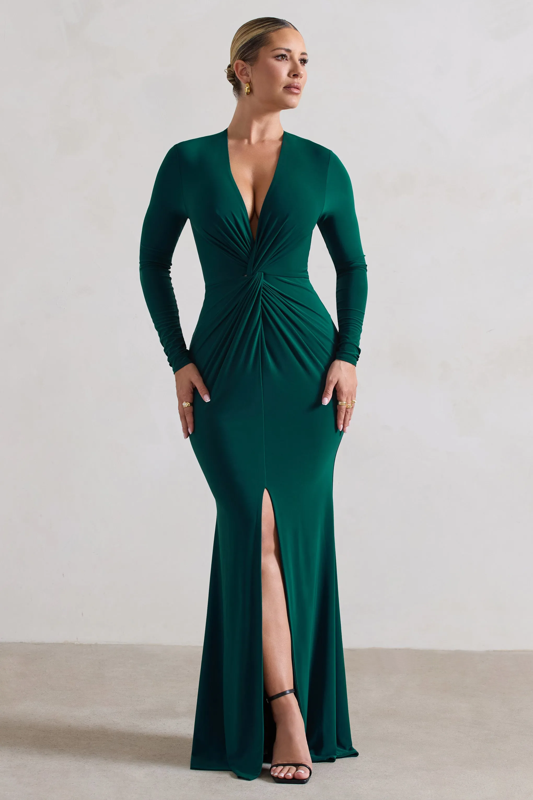 Tianna | Bottle Green Plunge-Neck Twisted Split Maxi Dress