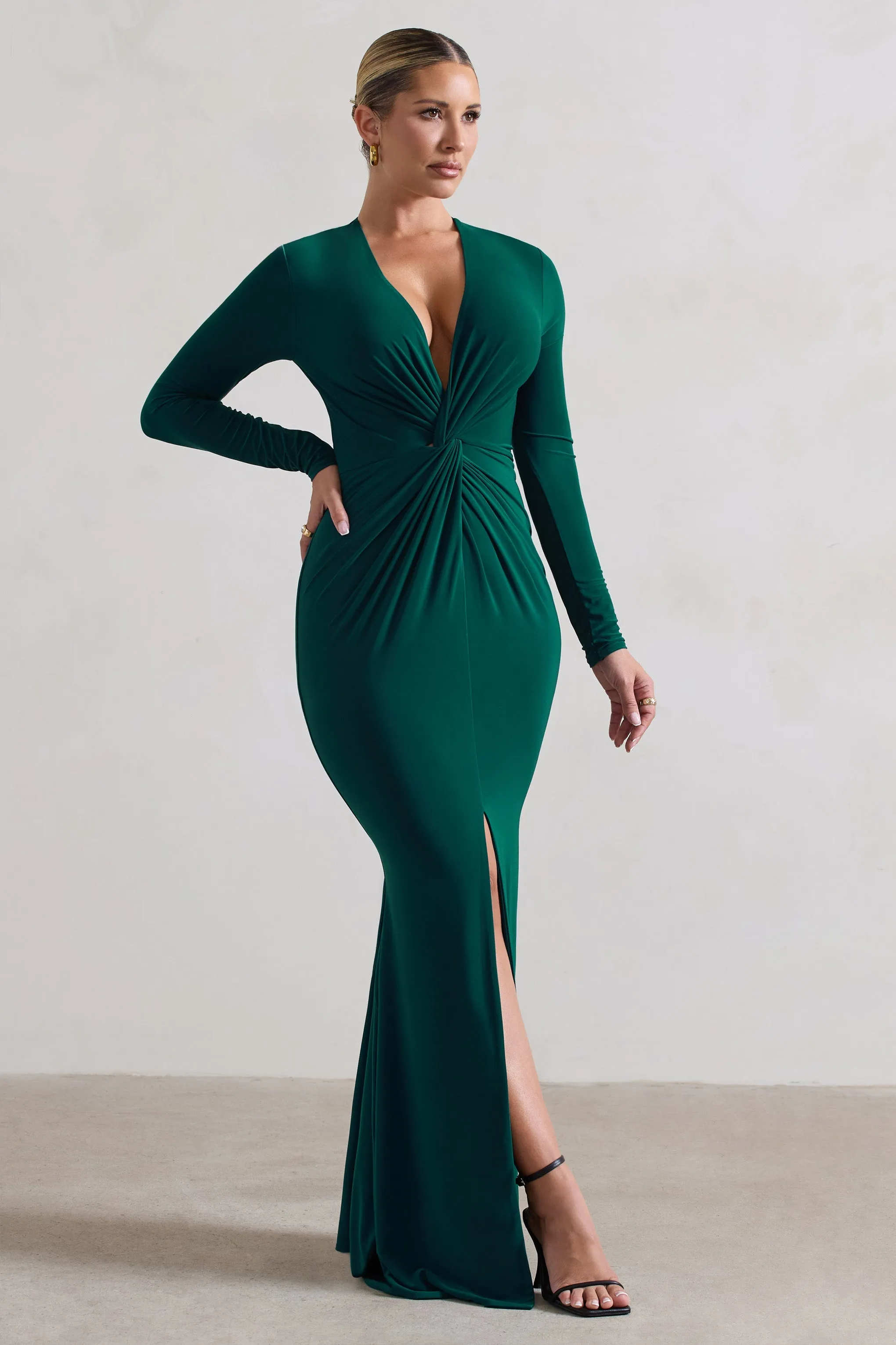 Tianna | Bottle Green Plunge-Neck Twisted Split Maxi Dress