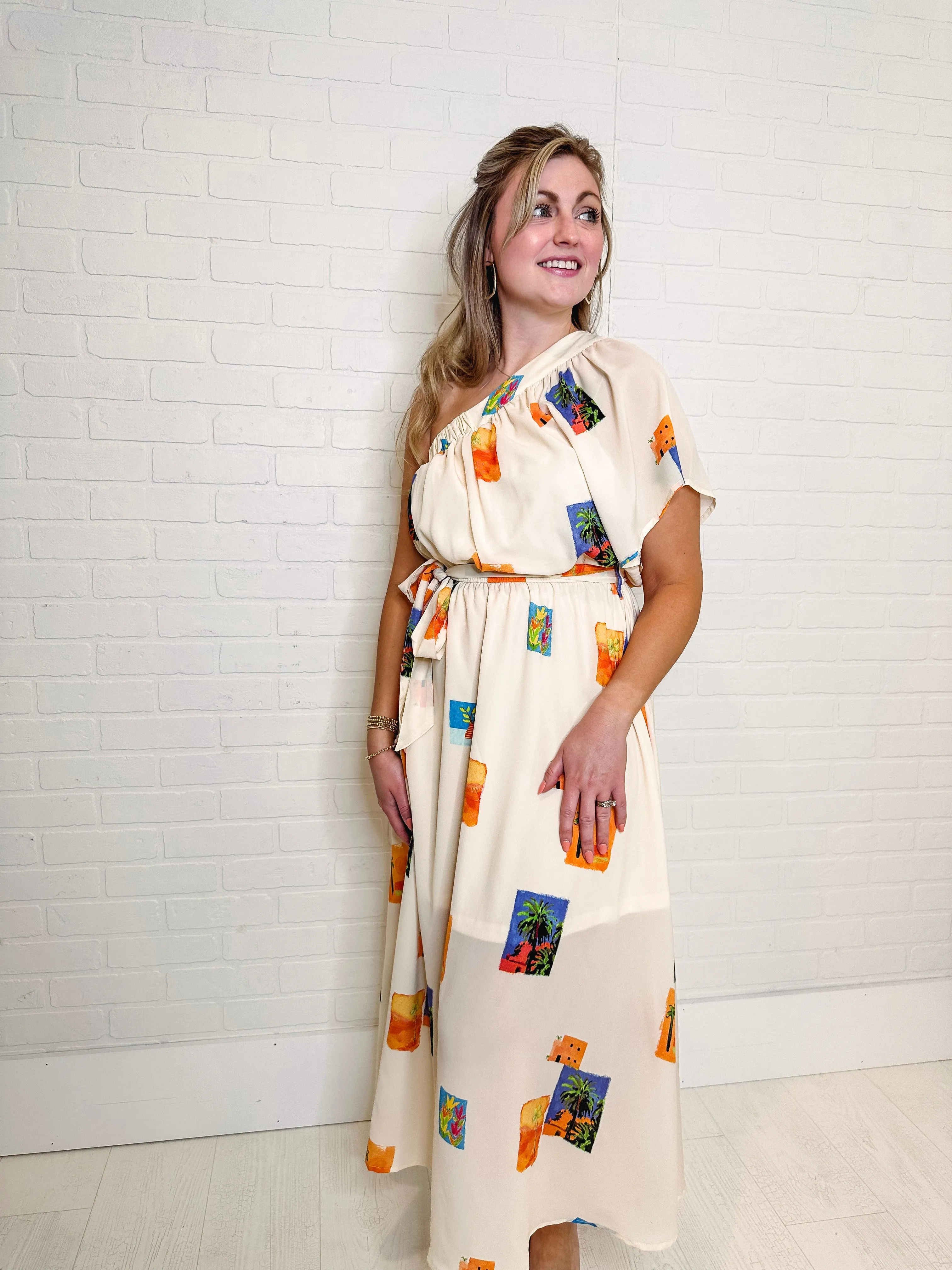 Tropical Flame One-Shoulder Maxi Dress