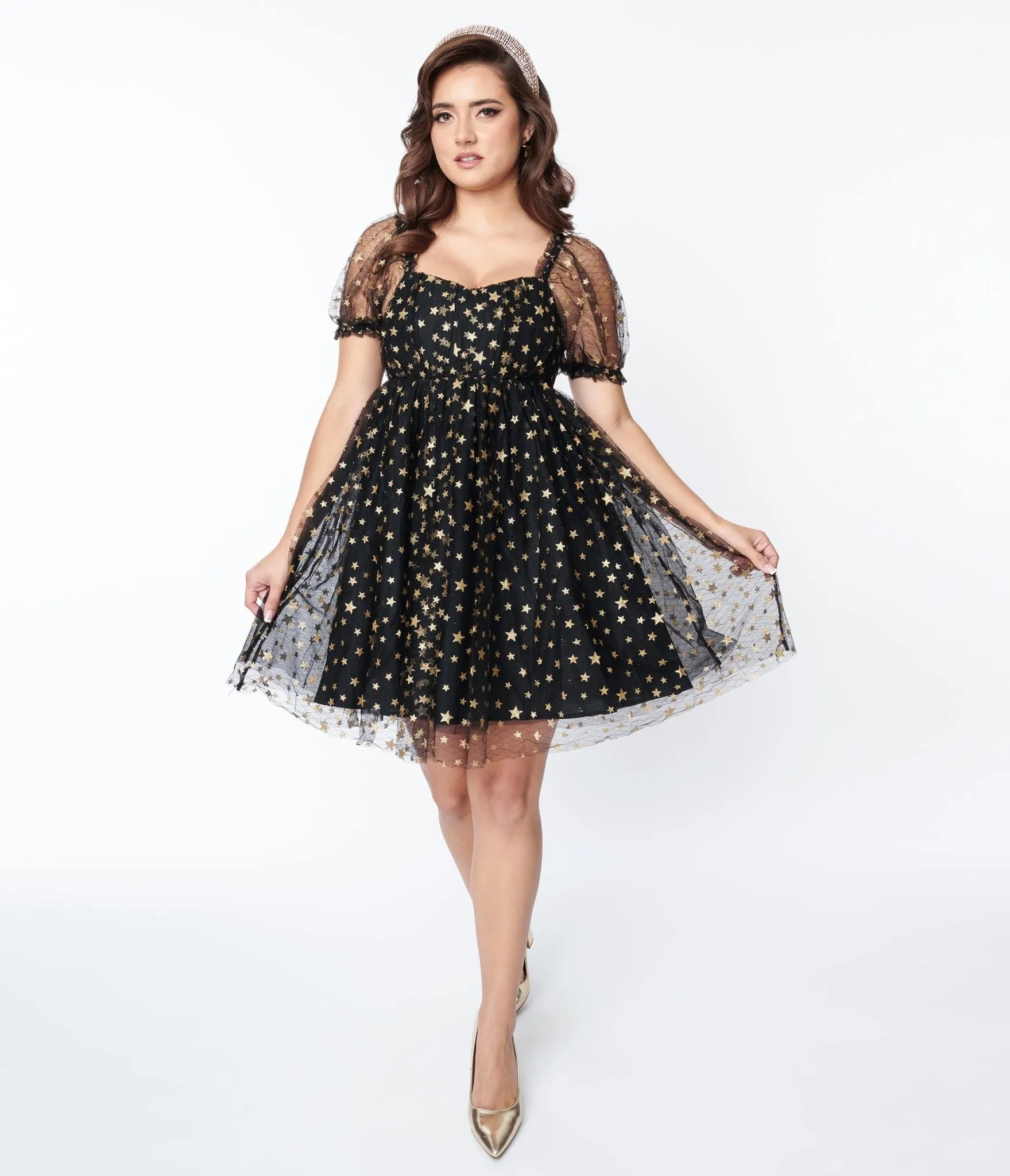 Unique Vintage Black Gold Star Mesh Babydoll Belle Dress