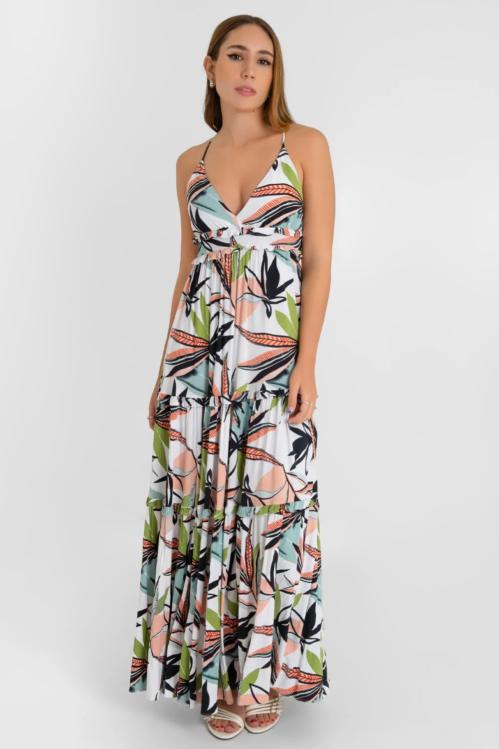 Vestido maxi tropical tirantes con olanes