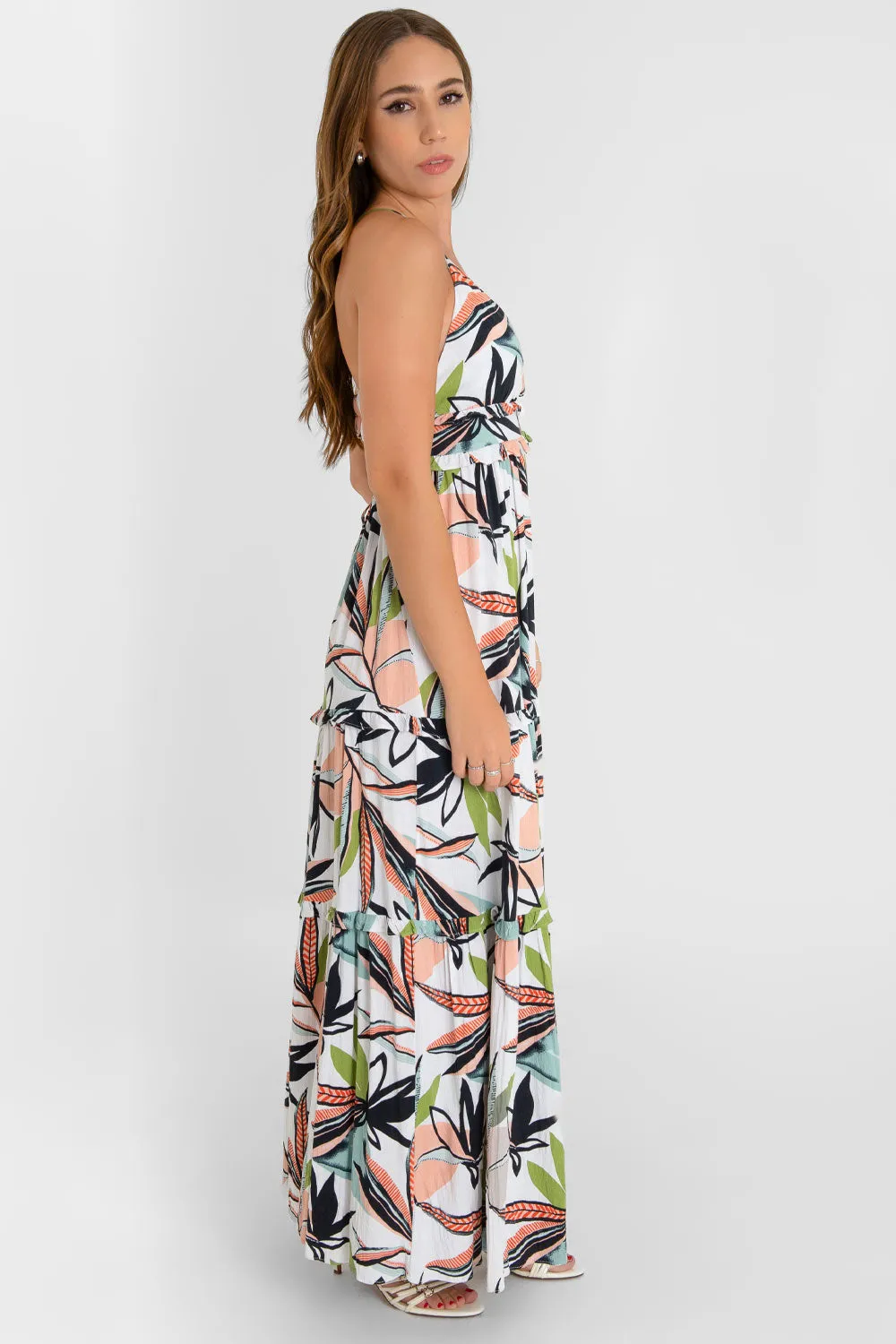 Vestido maxi tropical tirantes con olanes