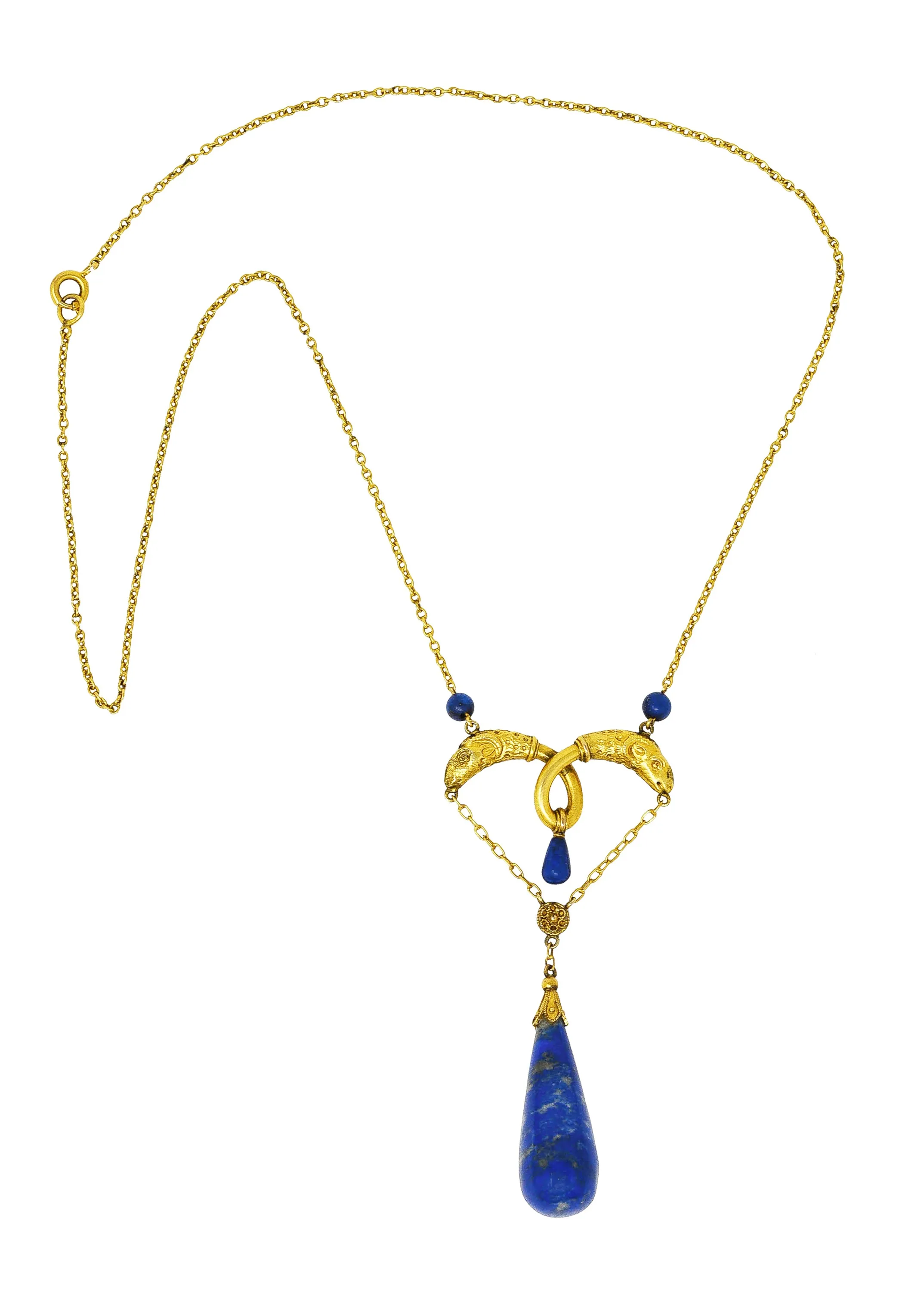 Victorian Etruscan Revival Lapis Lazuli 14 Karat Yellow Gold Ram Antique Swagged Necklace