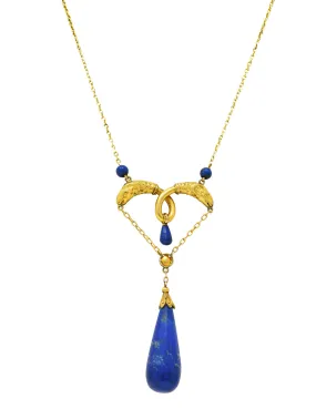 Victorian Etruscan Revival Lapis Lazuli 14 Karat Yellow Gold Ram Antique Swagged Necklace