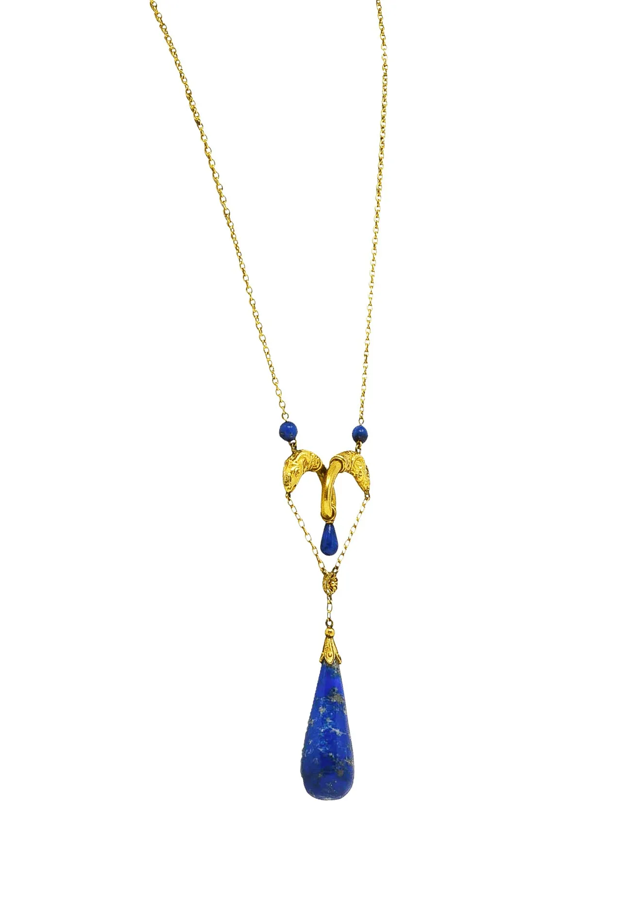 Victorian Etruscan Revival Lapis Lazuli 14 Karat Yellow Gold Ram Antique Swagged Necklace