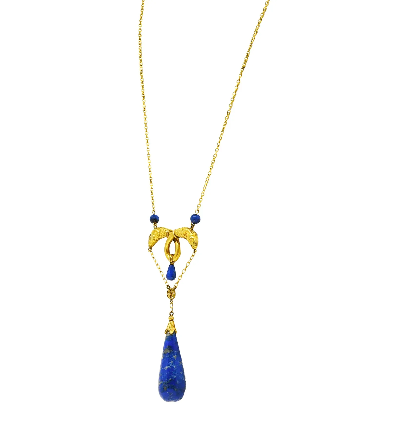 Victorian Etruscan Revival Lapis Lazuli 14 Karat Yellow Gold Ram Antique Swagged Necklace