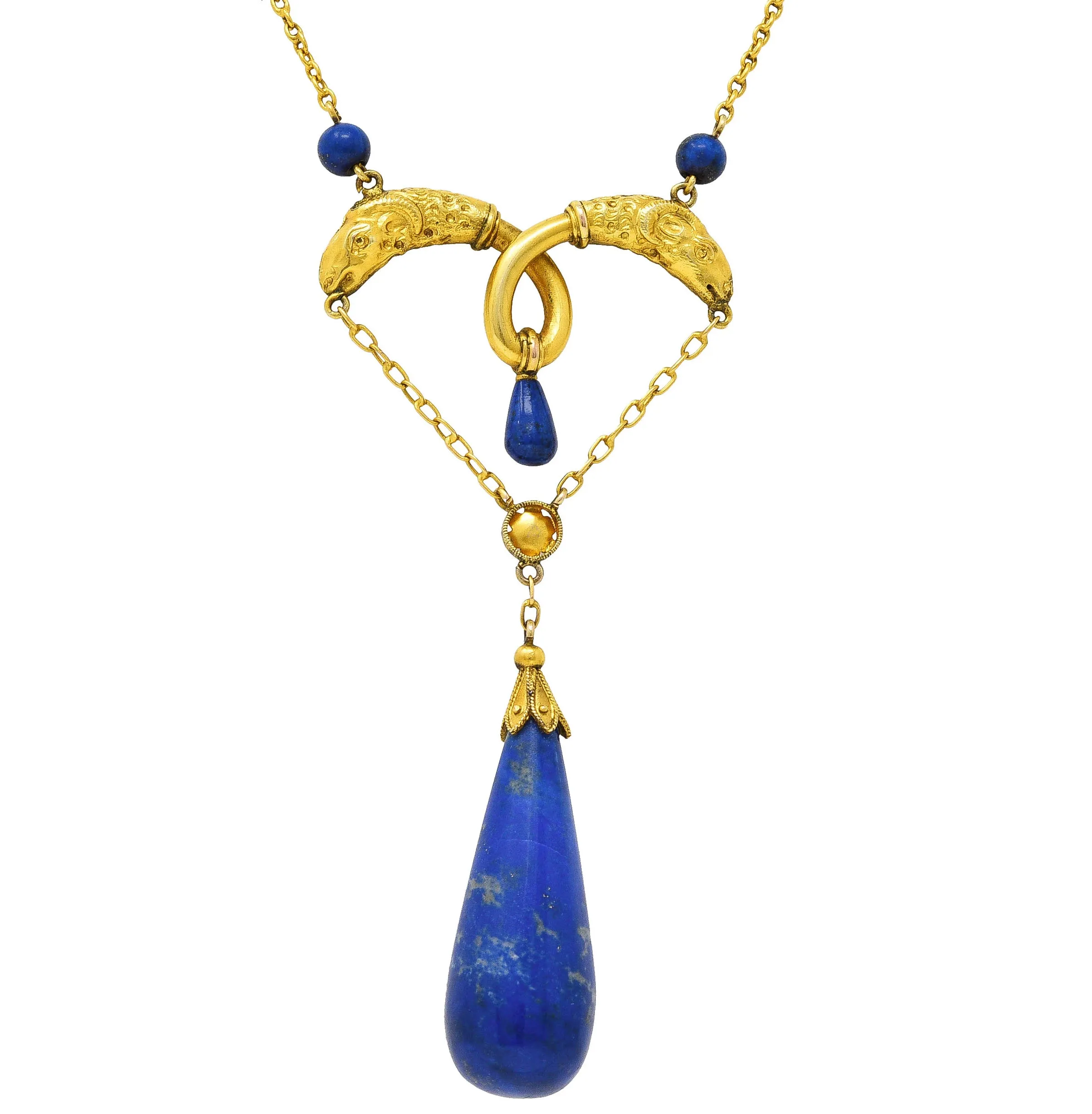 Victorian Etruscan Revival Lapis Lazuli 14 Karat Yellow Gold Ram Antique Swagged Necklace