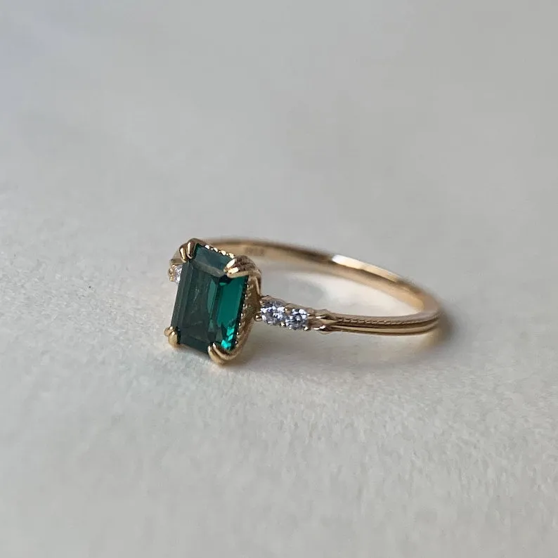 Vintage Emerald Engagement Ring 10k 14k 18k Solid Gold Green Gemstone Unique Promise Wedding Statement Jewelry