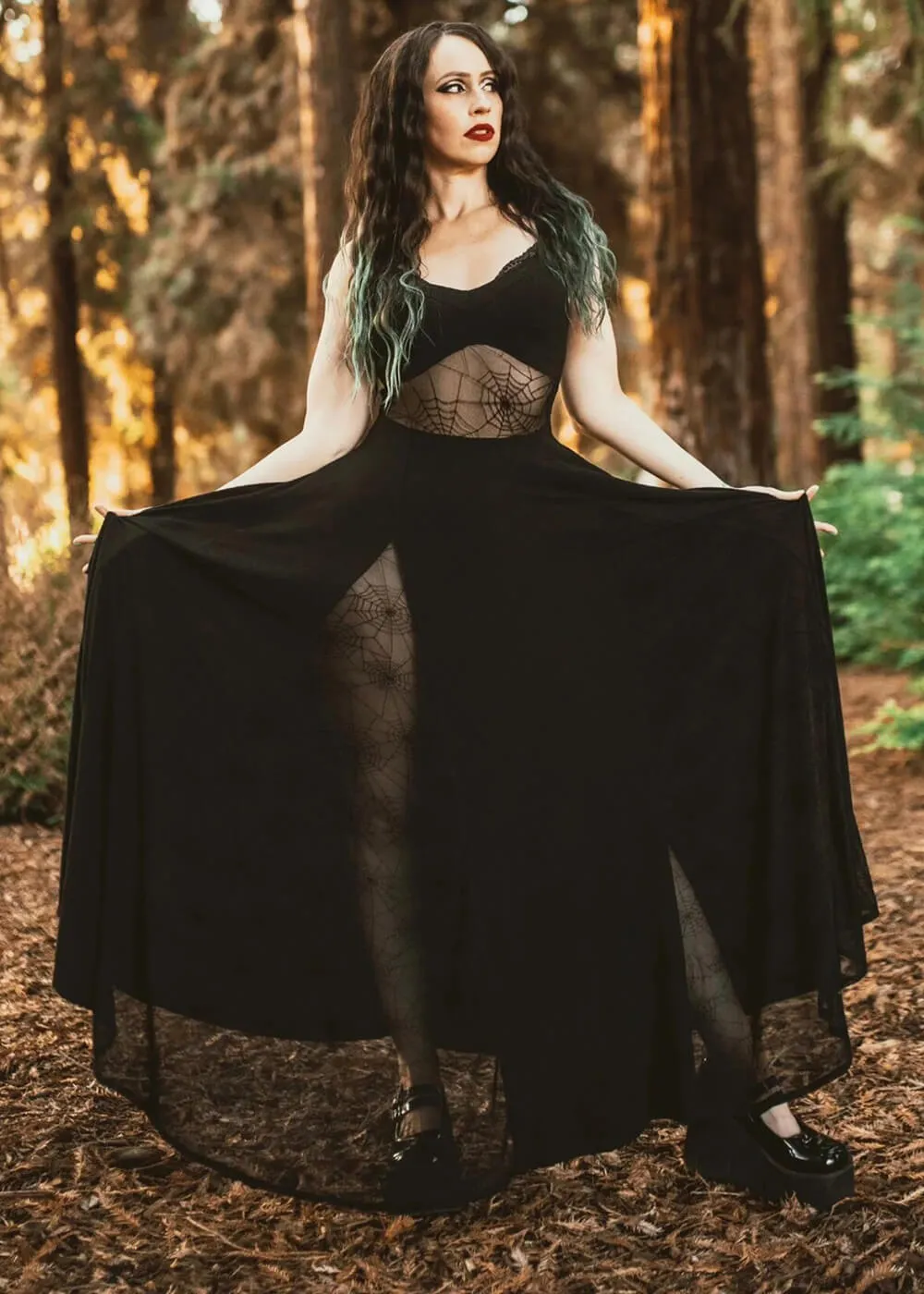 Weasel Wear Arachnophobia Spiderweb Maxi Jurk Zwart