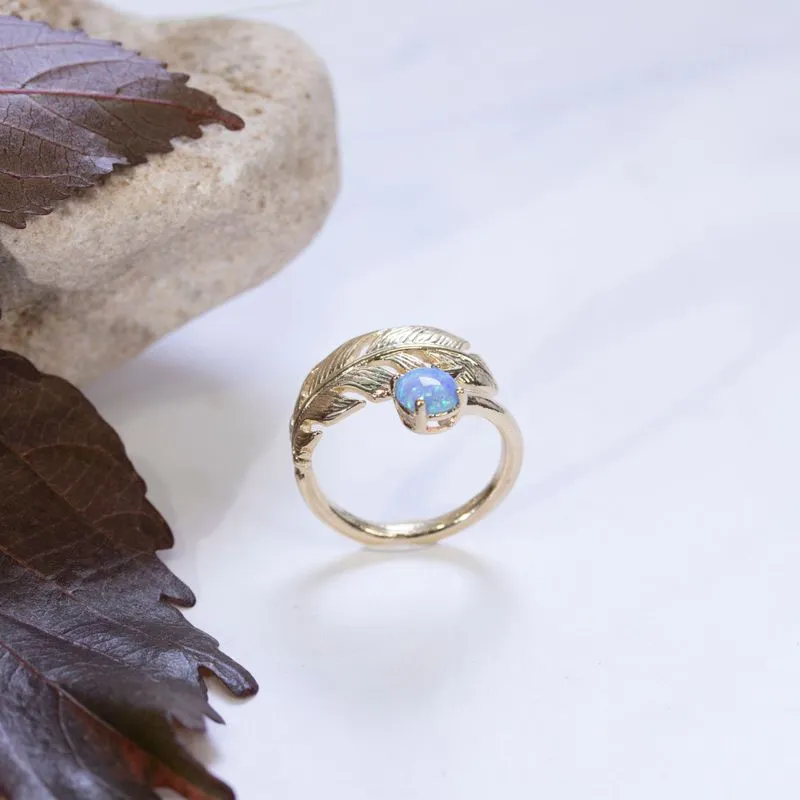 Yellow Gold Plated Feather Adjustable Ring with Blue Opal gemstone